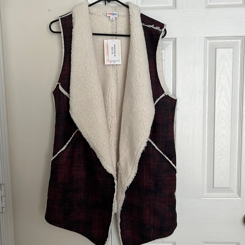 LuLaRoe Burgundy Plaid Sherpa-Lined Vest with Cream Trim
